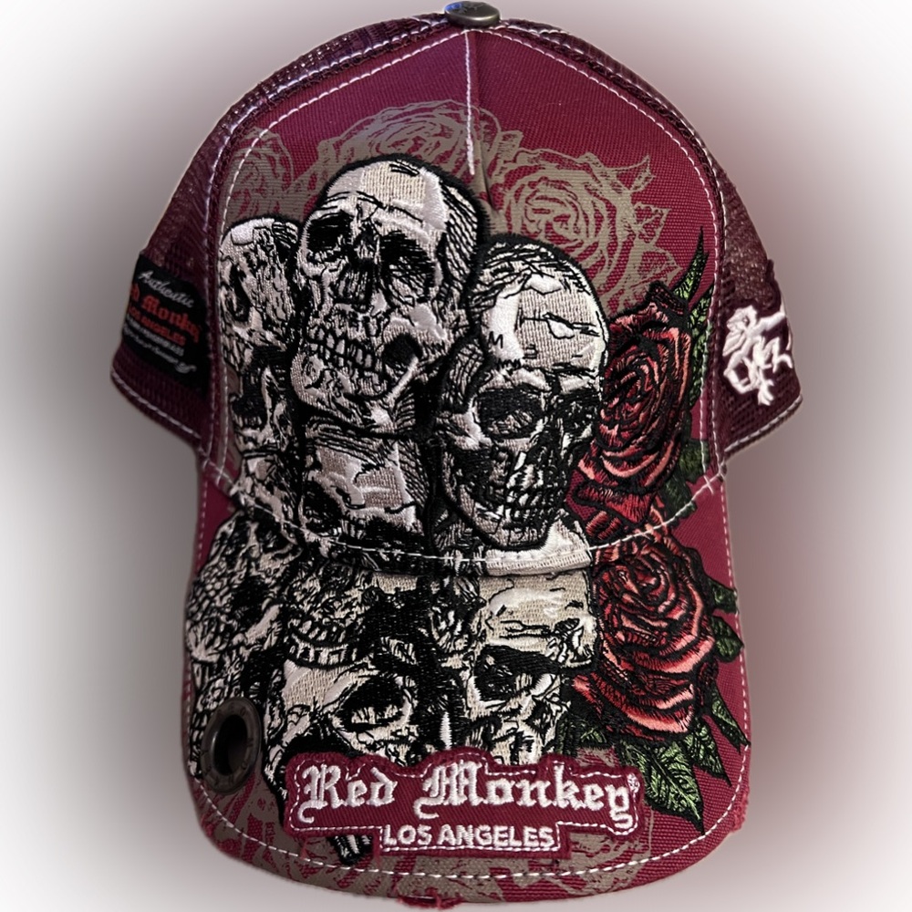 Red Monkey Burgundy Skull Embroidered Cap